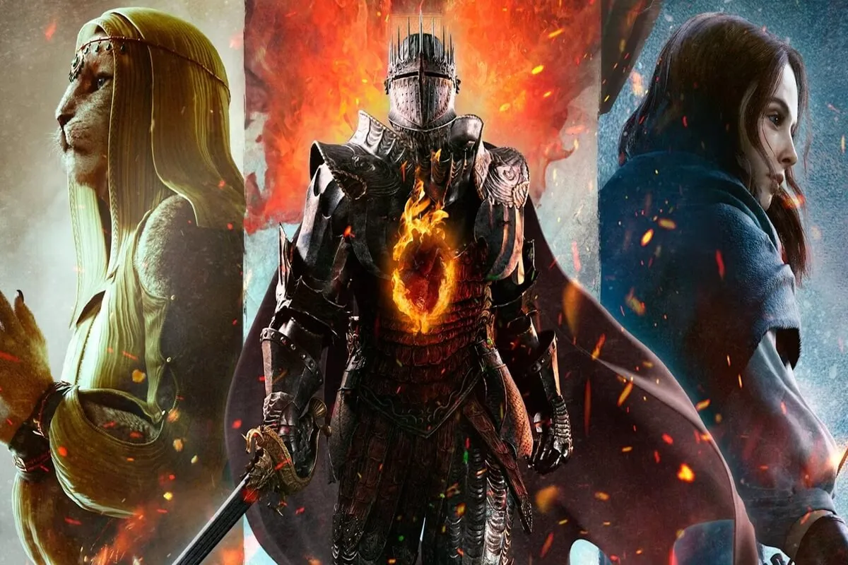 Dragon's Dogma 2, imagem oficial com três personagens diferentes.