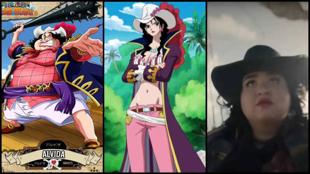 Pirata Alvida de One Piece foto colagem comparação anime e live-action