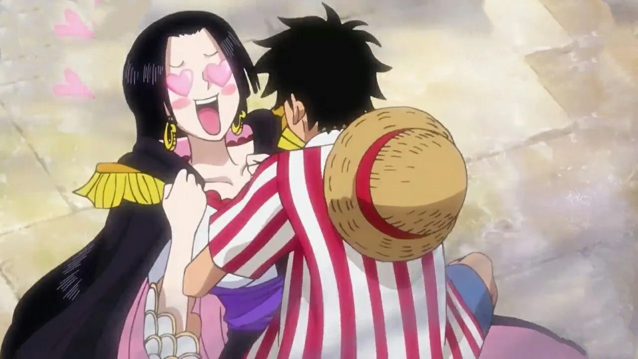 boa-apaixonada-por-luffy-e-com-coracoes-aparecendo-no-lugar-de-seus-olhos-enquanto-luffy-a-segura