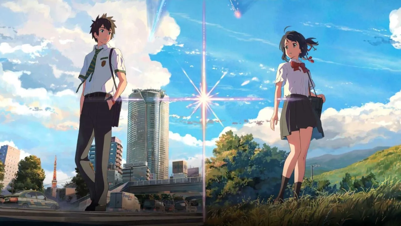 Banner de Your Name, onde Mitsuha e Taki estão se olhando, e ao fundo tem uma cidade e um brilho de uma "estrela"