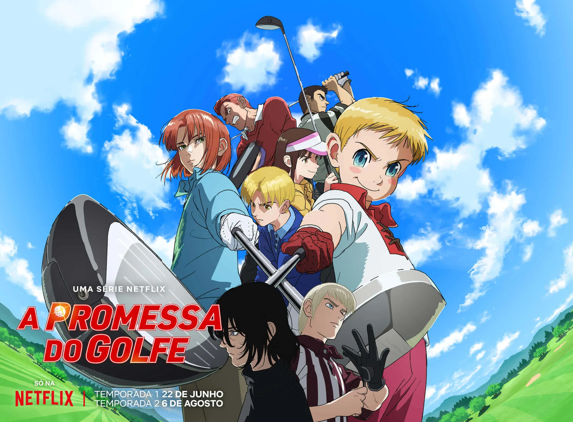 Capa do anime Rising Impact mostrando um grupo de personagens segurando tacos de golfe