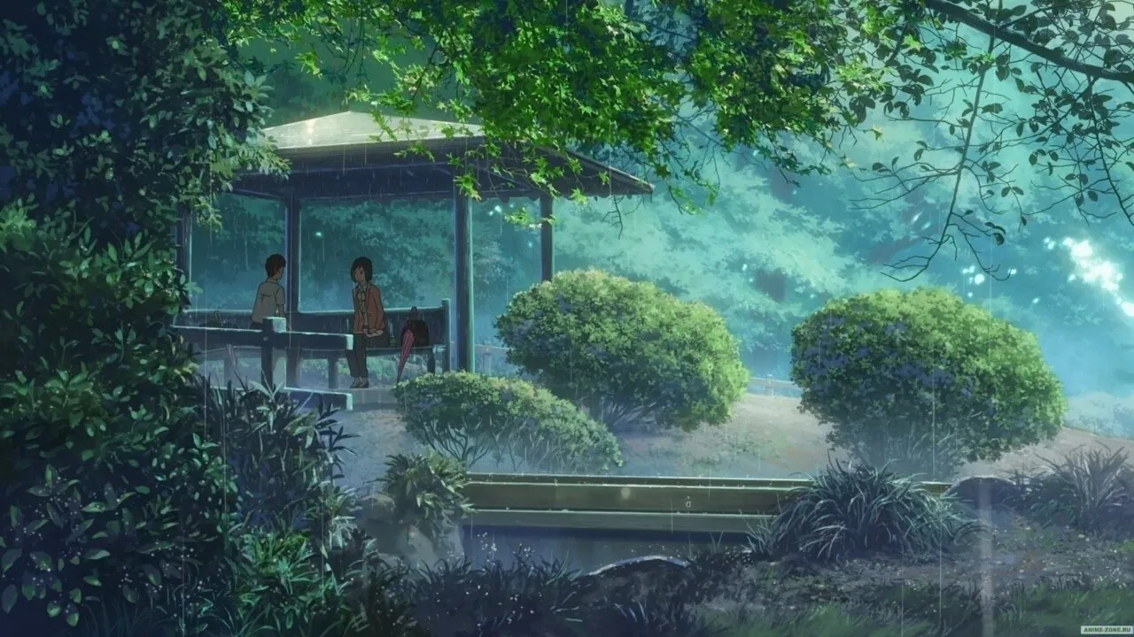 Takao conversando com Yukino, num parque/jardim 