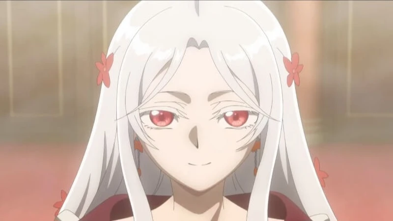 Mulher albina com olhos vermelhos sorrindo olhando para a frente