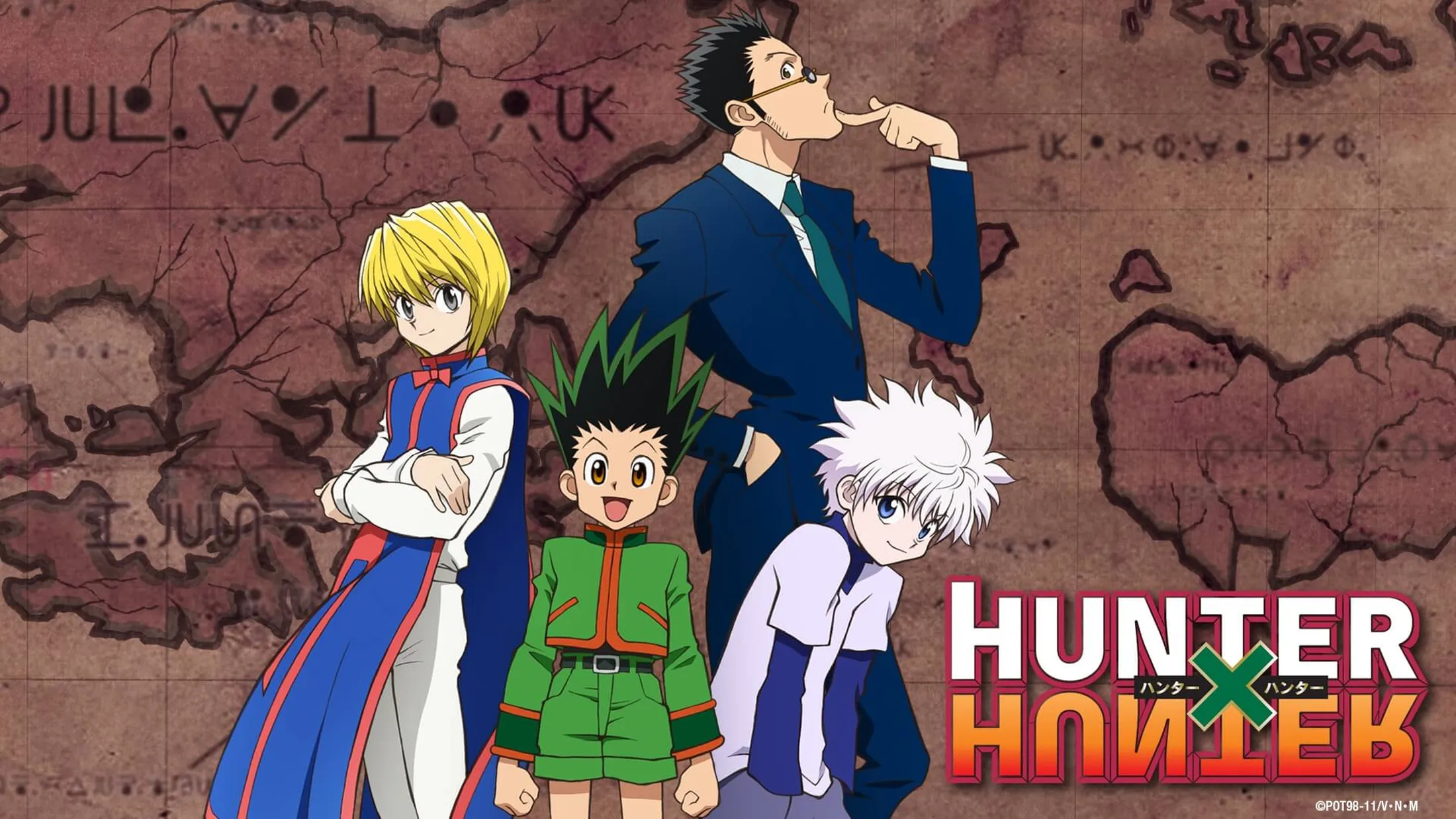 Gon, killua, leorio e kurapika juntos e um mapa de fundo
