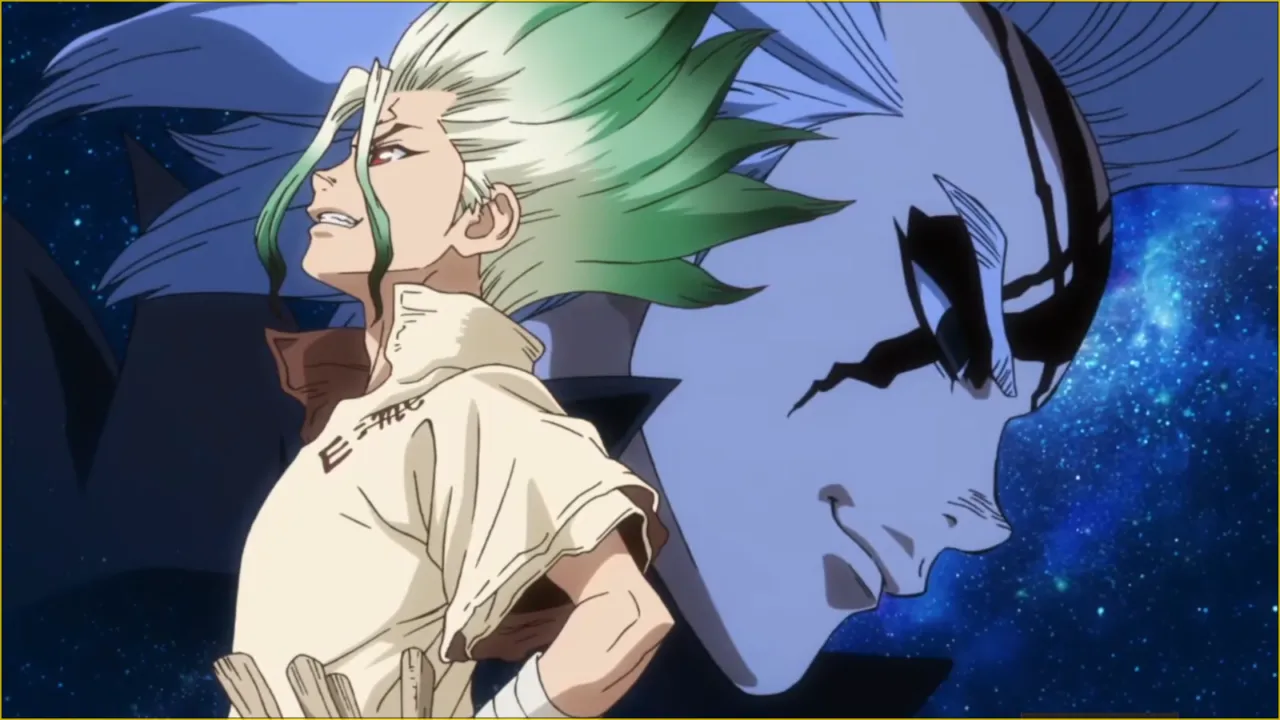 Senku olhando para cima e uma imagem do Dr. Xeno aparecendo atrás dele, junto de uma imagem do universo. Auge do Episódio "A ciência é elegante".