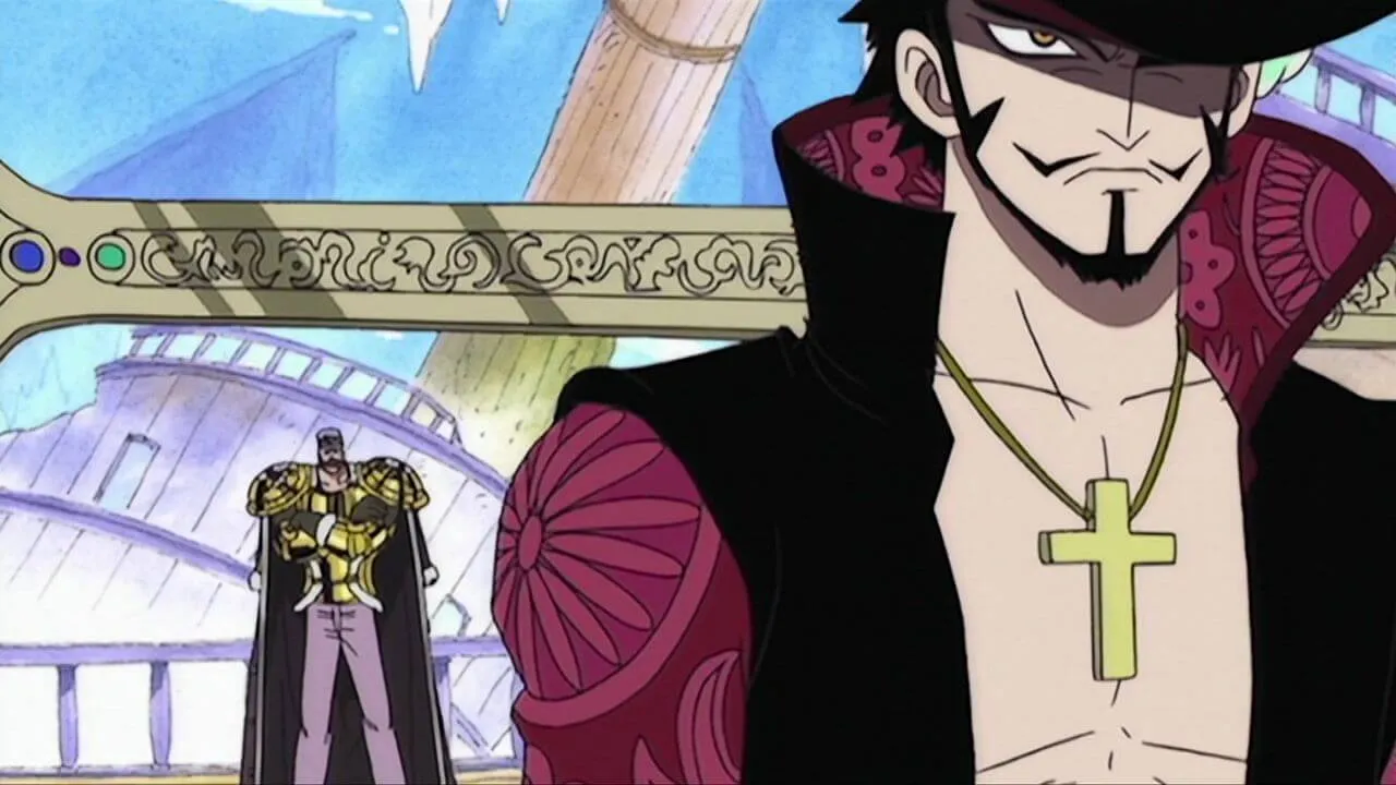 mihawk andando enquanto um homem está poucos metros atrás dele