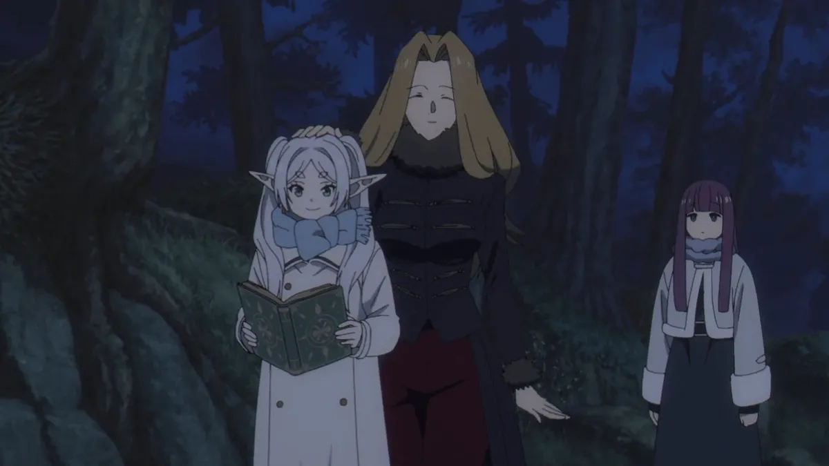 elfa segurando grimório enquanto maga faz carinho na sua cabeça e outra maga olha com ciúmes