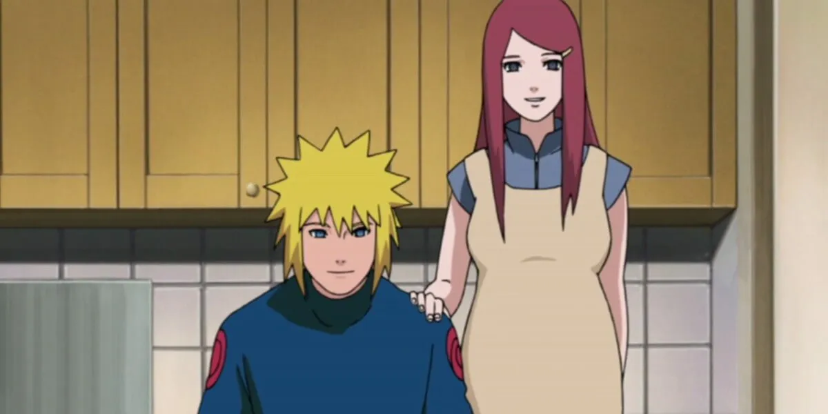 minato sentando em uma cadeira enquanto está usando um casaco azul e kushina está grávida e com uma mão em seu ombro