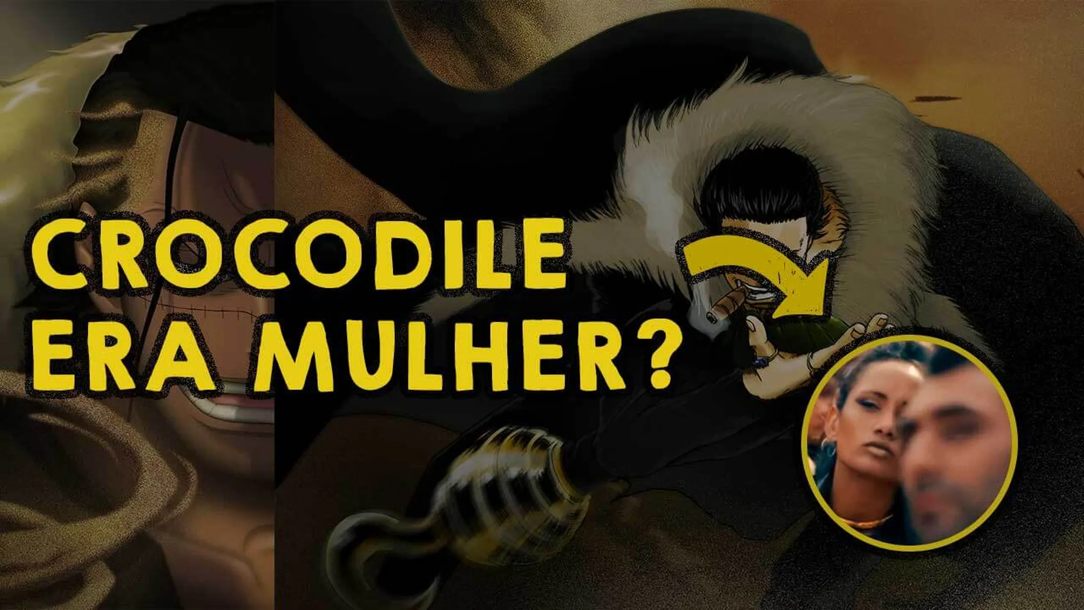 Imagem com fundo do personagem crocodile com uma setta apontando para a personagem da live action de one piece