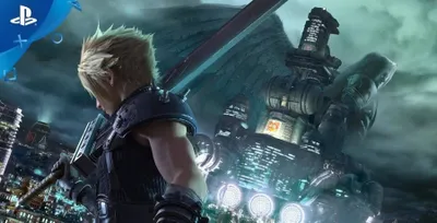 Final Fantasy 7 Remake Cloud segurando uma espada e o logo do Playstation na parte superior esquerda da imagem