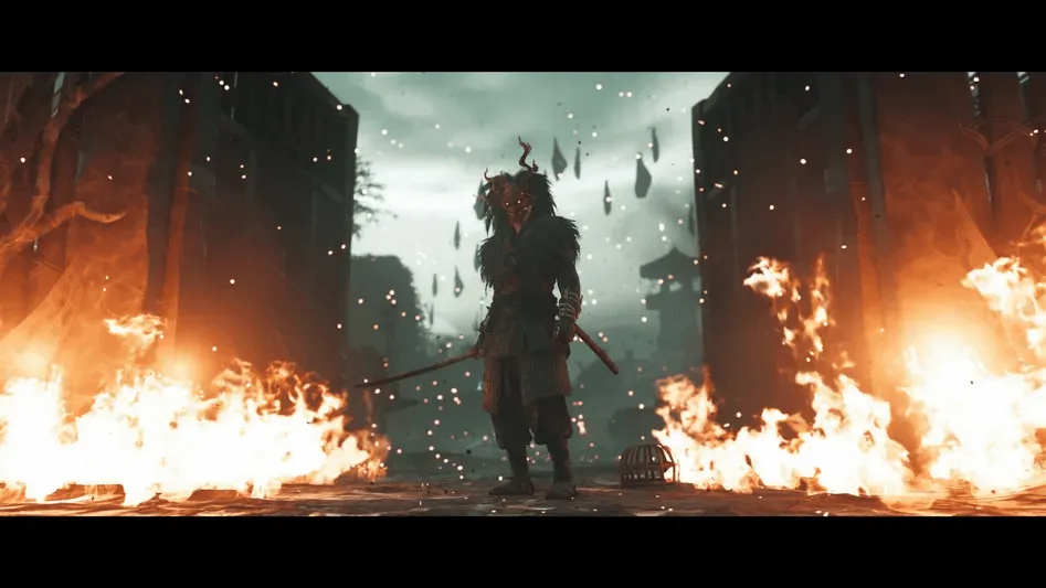 Ghost of Yotei Legends um samurai saindo das chamas