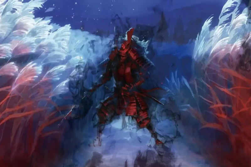 Imagem em tons de azul, branco e vermelho de guerreiro samurai em Ghost of Tsushima.